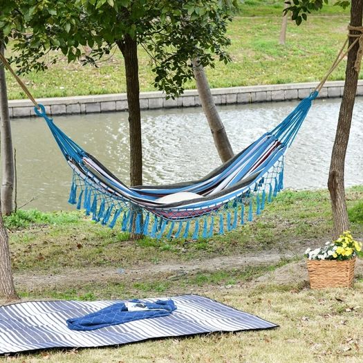 Cotton Hammock Portable w/ Carrying Bag Brazilian Fringe Deluxe Swing Chair for Beach, Yard, Bedroom, Patio, Porch, Indoor, Outdoor