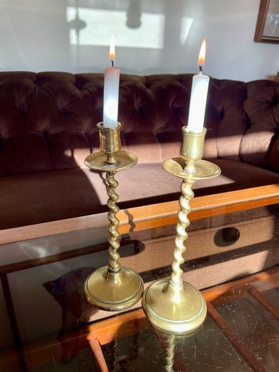 Vintage Brass Single Barley Twist Candlesticks Pair Spiral Candle Holders