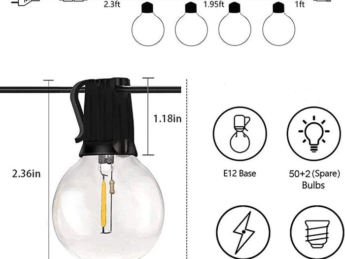 Outdoor String Lights LED Mains Powered G40 Globe Festoon Lights 100FT with 50+2 Bulbs, Waterproof Indoor Outdoor Garden Lights for Bistro, Terrace, Patio, Outside, Wedding, WarmWhite 2700K (FREE POSTAGE)