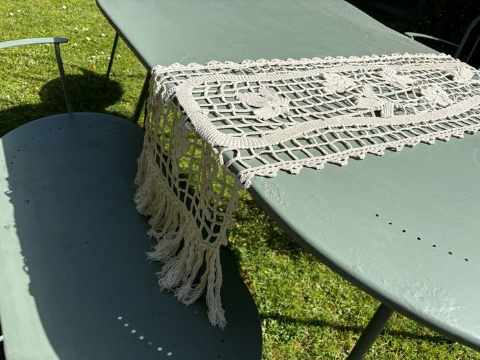 Vintage French Crochet Table Runner with fringe each end