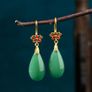 Jade Teardrop Stone Flower Drop Gold Earrings Image 3