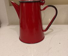 Vintage - Mid Century Red Enamel Coffee Pot with attached lid - 17 cm to lid level