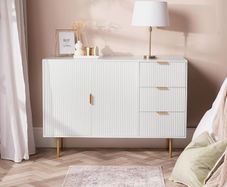 Cream Sideboard Storage Cabinet, Decorative Ribbed Wooden Buffet Storage Cabinet with 2 Doors and 3 Drawers Living Room Hallway Kitchen Sideboard, 120 x 40 x 77cm