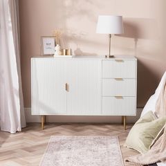 Cream Sideboard Storage Cabinet, Decorative Ribbed Wooden Buffet Storage Cabinet with 2 Doors and 3 Drawers Living Room Hallway Kitchen Sideboard, 120 x 40 x 77cm