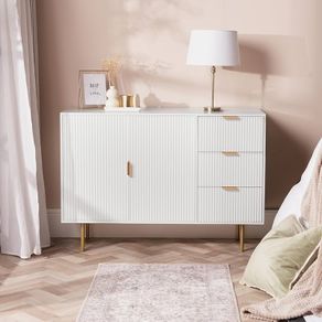 Cream Sideboard Storage Cabinet, Decorative Ribbed Wooden Buffet Storage Cabinet with 2 Doors and 3 Drawers Living Room Hallway Kitchen Sideboard, 120 x 40 x 77cm