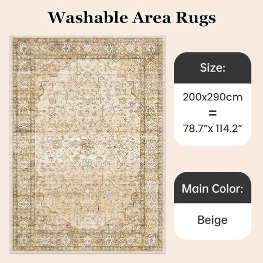 Large Rugs for Living Room 200x290, Faux Wool Short Pile Non-Slip Beige Area Rug, Machine Washable Traditional Moroccan for Bedroom
