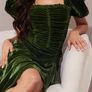Ruched Puff Sleeve Velvet Midi Dress Image 3