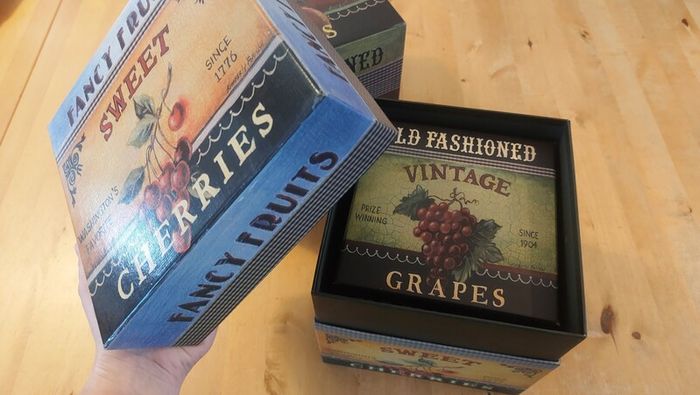 Fabulous Set of Three Large Graduated Stackable Nesting Storage Boxes by Quality Manufacturer Bob's Boxes/Lang Paper Co. with "Fancy Fruits" Artwork by Kimberly Poloson