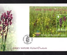 2003 Jersey Loose-flowered Orchid (Orchis laxiflora) with Bangkok 2003 show slogan Commemorative Stamp Miniature Sheet First Day Cover (FDC)