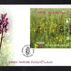 2003 Jersey Loose-flowered Orchid (Orchis laxiflora) with Bangkok 2003 show slogan Commemorative Stamp Miniature Sheet First Day Cover (FDC)