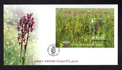 2003 Jersey Loose-flowered Orchid (Orchis laxiflora) with Bangkok 2003 show slogan Commemorative Stamp Miniature Sheet First Day Cover (FDC)