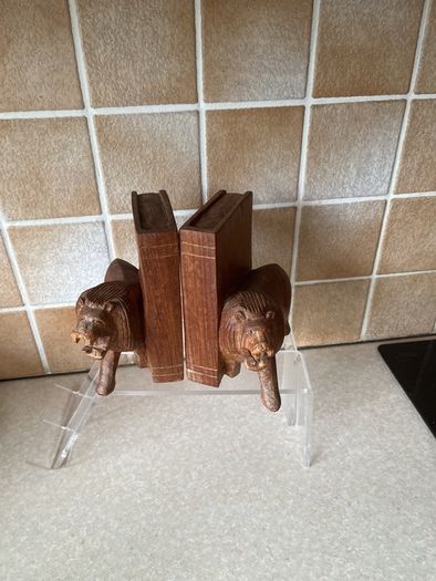Handcarved Wooden Roaring Lions Bookends