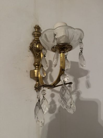 Pair of Brass and Crystal Single Arm Wall Lights, French Style