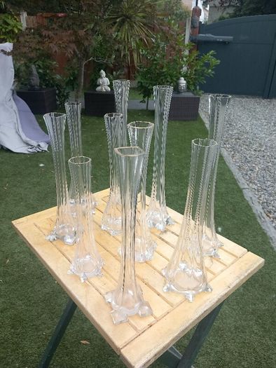 11 Art Noveau glass stem vases, bought in Vienna 70s, D18