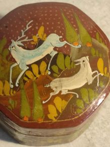 Vintage Kashmir Lacquer Trinket Box with  Gazelle Decoration