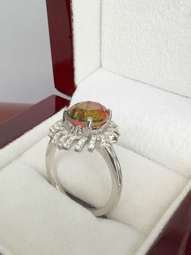 Silver Rainbow Genesis Quartz & Zircon "Sunburst" Ring