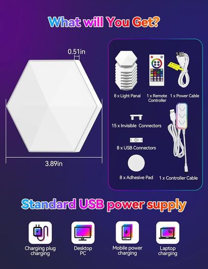 Hexagon LED Lights,8 Pack RGB Gaming Hex Wall Light Panels Sync to Music,Smart Lights with APP & Remote & Wired Control for Room Bar Bedroom Home Gaming Room Decor Present