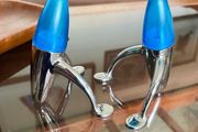 Vintage EZ ECH Centaur Salt Pepper Shakers Polished Stainless Steel Blue Space Age Design 1990s