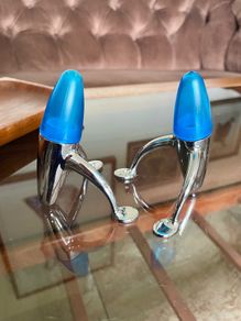 Vintage EZ ECH Centaur Salt Pepper Shakers Polished Stainless Steel Blue Space Age Design 1990s