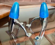Vintage EZ ECH Centaur Salt Pepper Shakers Polished Stainless Steel Blue Space Age Design 1990s