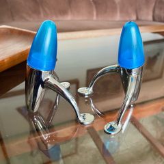 Vintage EZ ECH Centaur Salt Pepper Shakers Polished Stainless Steel Blue Space Age Design 1990s