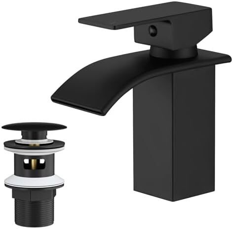 Waterfall Spout Bathroom Sink Mixer Taps,Single Handle Basin Mixer Tap, Lavatory Vessel Faucet,Stainless Steel,Matte Black Vanity Tap