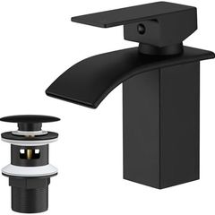 Waterfall Spout Bathroom Sink Mixer Taps,Single Handle Basin Mixer Tap, Lavatory Vessel Faucet,Stainless Steel,Matte Black Vanity Tap