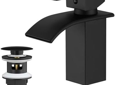 Waterfall Spout Bathroom Sink Mixer Taps,Single Handle Basin Mixer Tap, Lavatory Vessel Faucet,Stainless Steel,Matte Black Vanity Tap