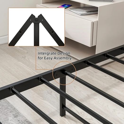 Double Bed Frame with Wooden Headboard,135x190cm,Vintage Brown Metal Platform Bed Frame Double Bed Base No Box Spring Needed,Heavy Duty Steel Slats,Underbed Storage Space,Easy to Assemble