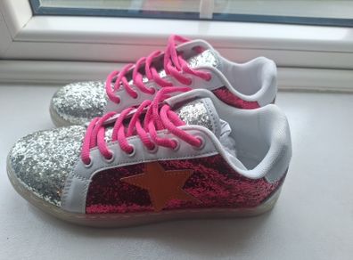Brand new pink & silver glitter trainers with orange star detail