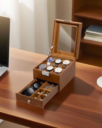2-Tier Watch Case with Key Lock, Glass Lid, Watch Display Box for Men and Women, Brown Synthetic Leather, Brown Velvet Lining, Removable Pillows, Jewelry Storage Box, Gift Idea
