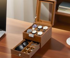 2-Tier Watch Case with Key Lock, Glass Lid, Watch Display Box for Men and Women, Brown Synthetic Leather, Brown Velvet Lining, Removable Pillows, Jewelry Storage Box, Gift Idea