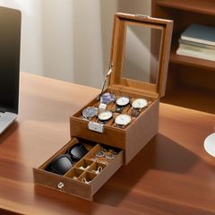 2-Tier Watch Case with Key Lock, Glass Lid, Watch Display Box for Men and Women, Brown Synthetic Leather, Brown Velvet Lining, Removable Pillows, Jewelry Storage Box, Gift Idea