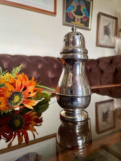 Vintage Silver Plated Sugar Caster or Shaker Baluster Shaped Body Floral foliate Engraving