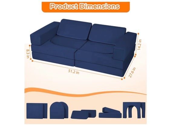 10-Pieces Kids Play Sofa, Modular Toddler Chair for Playroom, Fold Out Foam Couch Bed for Girls Boys, Children Convertible Sectional Couch Playset, Navy Blue