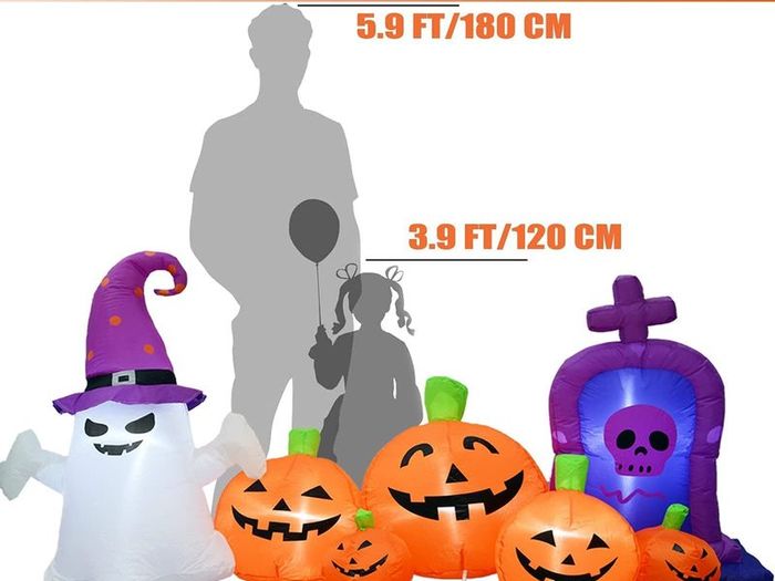 7.5FT Long Halloween Inflatables Pumpkins with Ghost Blow up Outdoor Holiday Decoration Cute Pumpkins Ghost with Witchs Hat Yard Decorations with Build in LEDs for Halloween Indoor Garden Lawn Decor