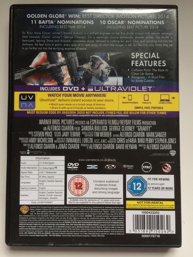 Gravity (Alfonso Cuaron Film) [2013] Sandra Bullock & George Clooney [Movie DVD] Academy Award Winner