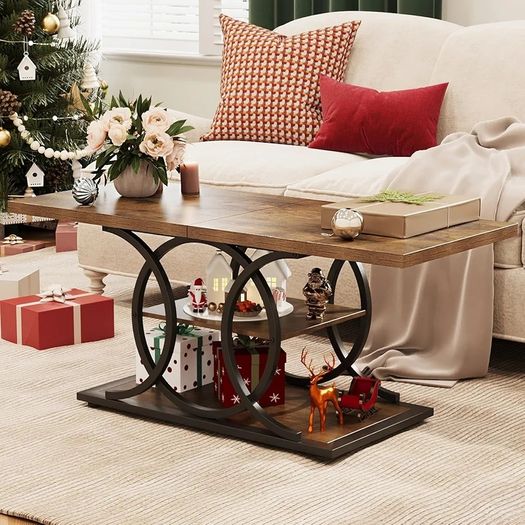 Coffee Table with Storage Industrial 3 Tier Center Living Room Table Farmhouse Wooden Rectangle Cocktail Tea Table for Office Bedroom Elegant Round Metal Frame (Rustic Brown)