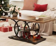 Rustic Coffee Table with Storage Industrial 3 Tier Center Living Room Table Farmhouse Wooden Rectangle Cocktail Tea Table for Office Bedroom Elegant Round Metal Frame (Rustic Brown)