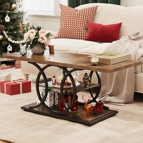 Rustic Coffee Table with Storage Industrial 3 Tier Center Living Room Table Farmhouse Wooden Rectangle Cocktail Tea Table for Office Bedroom Elegant Round Metal Frame (Rustic Brown)