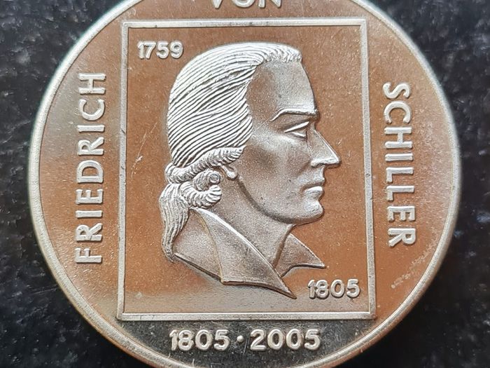 Germany 5 Mark Probe 2005 coin commemorates the 200th anniversary of the death of Johann Christoph Friedrich von Schiller. Proof Like Finish.