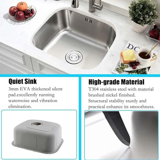 Undermount Single Bowl, 46/46cm Large Kitchen Sink Workstation, T304 Stainless Steel Kitchen Sink with Drain Assembly and Removable Strainer for Easy Cleaning Brushed