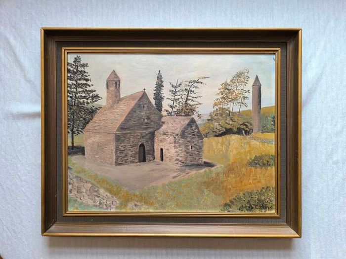 Old Oil Painting of St. Kevin's Kitchen, Glendalough, Wicklow.