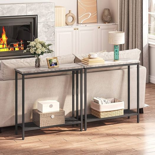Console Table, Slim for Hallway, Entryway with 2 Shelves, Industrial Display Sofa for Living Room, Bedroom, Greige and Black