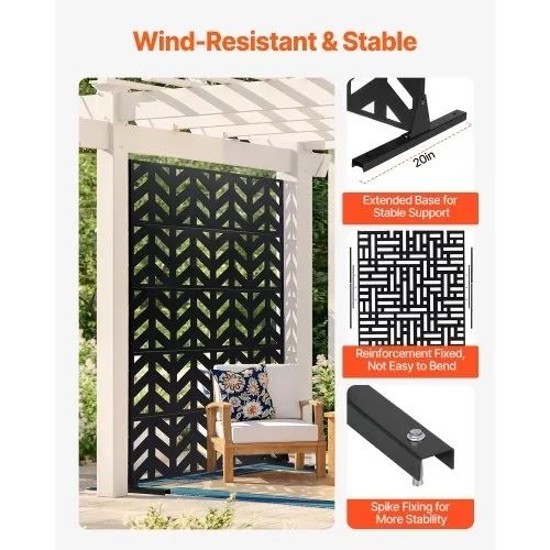 Metal Privacy Screen, 47" W x 72" H, Outdoor Privacy Screens 5-Panel, Freestanding Outdoor Divider with Stand, Decorative Garden Steel Privacy Fence for Balcony Patio Indoor Room Black