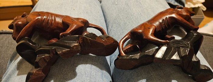 Pair of Panther/Leopard Hand-Carved Dark Wood Figures