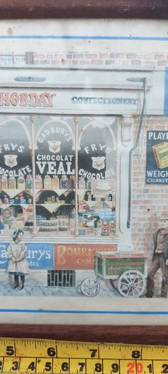 Old advertising shop front picture print ,different brands for sale, in the shop,nice for any home bar or man cave pub restaurant etc,,buyer collects thank you,, rather buyer collects with the glass ,sold as is ,,see pictures for condition