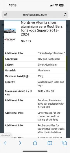 Nordrive Alumia silver roof bars. Skoda superb 2015 onwards