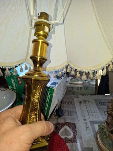 A Beautiful Large Heavy Victorian-style Brass Table Lamp with Brass Baluster Stem and Faceted, Paneled Knop, raised on a Stepped Hexagonal Base; fitted with a tall, cream textile shade with scalloped fringe and tassel trim, Postage Available or collection