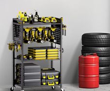 4 tier Tool Organizer Cart 150 lbs Load Capacity Floor Stand Rolling Drill Holder and Stability Storage Rack, Heavy Duty Garage Floor Rolling Storage Cart for Workshop, Garage
